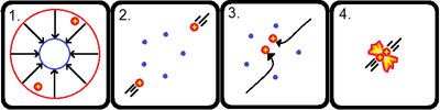Figure 1: Illustration of the basic mechanism of fusion in fusors. (1) The fusor contains two concentric wire cages. The cathode (blue) is inside the anode (red). (2) Positive ions are attracted to the inner cathode. The electric field does work on the ions heating them to fusion conditions. (3) The ions miss the inner cage. (4) The ions collide in the center and may fuse. Fusor Mechanism.png