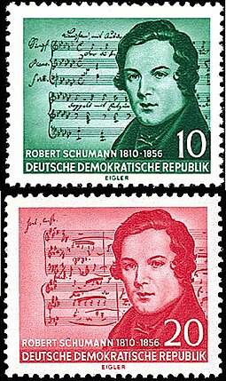 The East Germany 1956 Schumann/Schubert error: Schubert's music is on the top stamp, and Schumann's on the bottom. GDR stamp Robert Schumann 1956-vertical.jpg