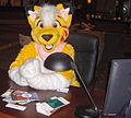 Lucky Coyote pretends to play the role of concierge for Anthrocon 2007 attendees