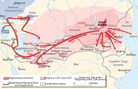 Mapa znázorňující rozšiřování Mongolské říše a vpád Mongolů na Kavkaz a do oblastí Rusi v letech 1222 až 1223