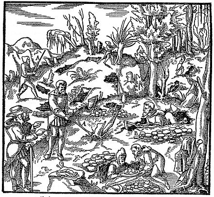 Dowsing for metal ore, from 1556 "De re metallica libri XII" book