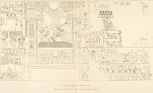 Akhenaten rewarding Parennefer, from the latter tomb at Amarna Grab Parennefer-Verteilung von Geschenken.jpg