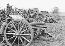 Gunners of A Battery, Honourable Artillery Company, attached to the Australian 4th Light Horse Brigade, crouch between their 13 pounder quick fire field guns and a cactus hedge near Belah, Palestine, in March 1918. HACBelah.jpg