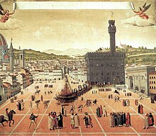 Girolamo Savonarola being burnt at the stake in 1498. The brooding Palazzo Vecchio is at centre right.