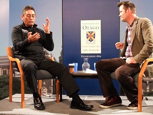 Harawira speaking with University of Otago academic Bryce Edwards at a pre-election event in 2011.