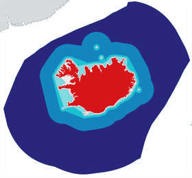 Carte de la zone économique exclusive islandaise portée à 200 nm (bleu foncé) et tronquée au nord-ouest par la zone économique exclusive du Groenland et au sud-est par la zone économique exclusive des îles Féroé.