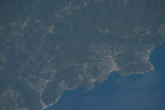 photo of coastline from above, Bonassola, Levanto and to Cinque Terre villages. Forrests and Mountains. Mediterranean Sea.