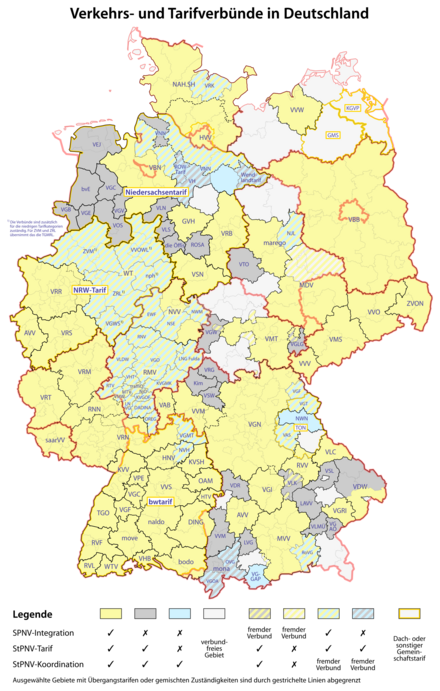 Overview of integrated public transport systems (Verkehrsverbünde) in Germany. Yellow areas (mit SPNV) include the use of regional and local trains, grey areas (ohne SPNV) don't.