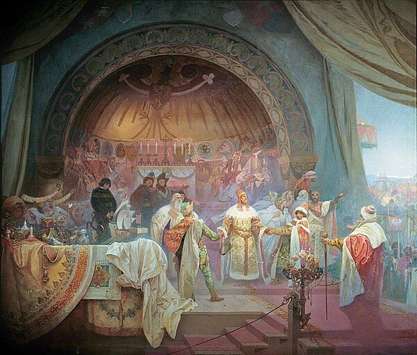 In the painting, Přemysl Otakar II: The Union of Slavic Dynasties (1924), part of Alphonse Mucha's 20-canvas work The Slav Epic, Ottokar is depicted a