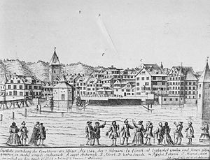 Représentation de l'observation d'une comète à Zurich le 7 février 1744.