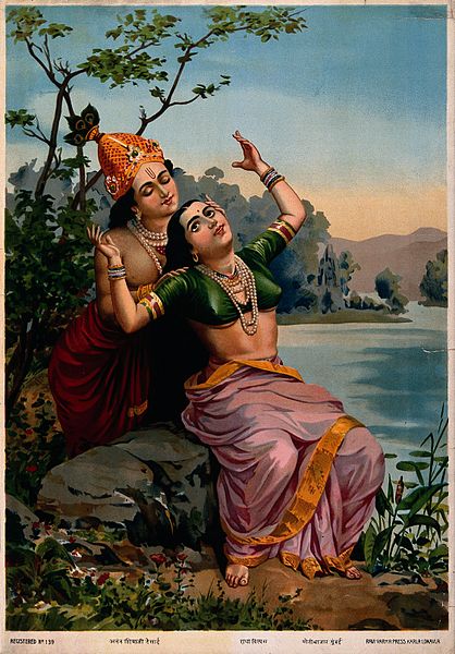 File:Krishna embracing Radha. Chromolithograph by R. Varma. Wellcome V0045101.jpg