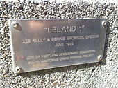 Plaque for the sculpture, which reads in part, "City of Portland Development Commission / South Auditorium Urban Renewal Project". Leland I plaque, Portland (2015) - 2.jpg