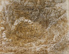 An apocalyptic deluge drawn in black chalk by Leonardo near the end of his life (part of a series of 10, paired with written description in his notebooks)[73] (Source: Wikimedia)