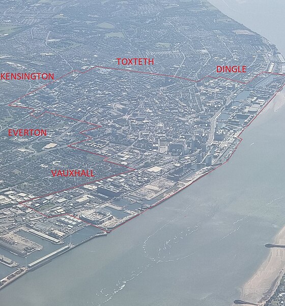 Liverpool City Centre from above with official Local Plan boundary in red