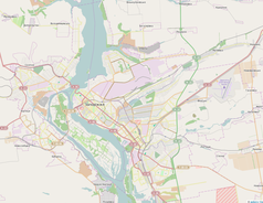 Mapa konturowa Zaporoża, blisko centrum na dole znajduje się punkt z opisem „Zaporoski Narodowy Uniwersytet Techniczny”