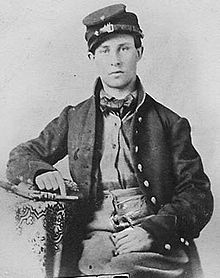 18-year-old Ludlow Hall of Company I, 61st New York Infantry, a regiment of volunteers serving in the U.S. Army. Ludlow Hall Company I 61st New York Infantry.JPG
