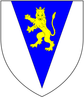 Arms of Luscombe of Luscombe: Argent, on a pile azure a lion rampant guardant crowned or LuscombeArms.png
