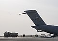 Two U.S. Army M142 High Mobility Artillery Rocket Systems assigned to the 1st Battalion, 14th Field Artillery Regiment are being loaded into a U.S. Air Force C-17 Globemaster III assigned to the 816th Expeditionary Airlift Squadron as part of joint training at Ali Al Salem Air Base, Kuwait, Jan. 27, 2021. Joint training offers both soldiers and Airmen familiarity with working together to load equipment onto an aircraft, providing the U.S. military with an agile and ready force. (U.S. Air Force photo by Senior Airman Kristine Legate)