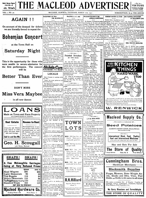 Macleod Advertiser – March 16, 1911
