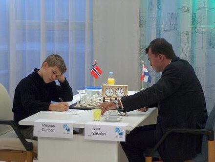 13-year-old Magnus Carlsen formally playing against 35-year-old Ivan Sokolov, 2004