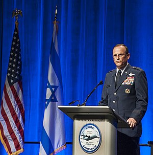 Major General Richard Johnston speaking at the Lockheed Martin Aeronautics production facility in Marietta, Georgia during delivery ceremony of the first C-130J Super Hercules for Israel Air Force on June 26, 2013. Major General Richard Johnston speaking at the delivery of Israel Lockheed-Martin C-130J Super Hercules.jpg