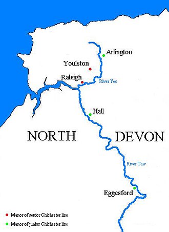 Location of historic Chichester family manors: Raleigh in the parish of Pilton; Youlston in the parish of Shirwell; Arlington; Hall in the parish of Bishops Tawton; Eggesford MapChichesterDevonManors.JPG