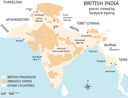 Map of places visited by Kipling in British India