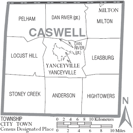 Map of Caswell County, with municipal and township labels