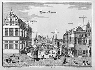 M. Merian d. Ä.: 1630: Markt­platz von Süd­osten. Links Schütting, rechts Rathaus, Markt­mauer mit Pranger (fiktive Betrachterposition, siehe Grundriss von 1796)