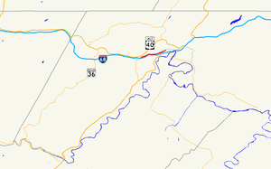 A map of western Allegany County, Maryland showing major roads. Maryland Route 49 is the local road connecting La Vale and Cumberland over Haystack Mountain.