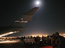 U.S. soldiers board a C-17 during final departures from Kabul Airport, 30 August 2021. Massachusetts National Guard Unit board C-17 in Kabul Airport, August 2021.jpg