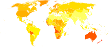 Age-standardized death from melanoma and other skin cancers per 100,000 inhabitants in 2004
.mw-parser-output .col-begin{border-collapse:collapse;padding:0;color:inherit;width:100%;border:0;margin:0}.mw-parser-output .col-begin-small{font-size:90%}.mw-parser-output .col-break{vertical-align:top;text-align:left}.mw-parser-output .col-break-2{width:50%}.mw-parser-output .col-break-3{width:33.3%}.mw-parser-output .col-break-4{width:25%}.mw-parser-output .col-break-5{width:20%}@media(max-width:720px){.mw-parser-output .col-begin,.mw-parser-output .col-begin>tbody,.mw-parser-output .col-begin>tbody>tr,.mw-parser-output .col-begin>tbody>tr>td{display:block!important;width:100%!important}.mw-parser-output .col-break{padding-left:0!important}}
.mw-parser-output .legend{page-break-inside:avoid;break-inside:avoid-column}.mw-parser-output .legend-color{display:inline-block;min-width:1.25em;height:1.25em;line-height:1.25;margin:1px 0;text-align:center;border:1px solid black;background-color:transparent;color:black}.mw-parser-output .legend-text{}
no data
<0.7
0.7-1.4
1.4-2.1
2.1-2.8
2.8-3.5
3.5-4.2
4.2-4.9
4.9-5.6
5.6-6.3
6.3-7
7-7.7
>7.7 Melanoma and other skin cancers world map - Death - WHO2004.svg