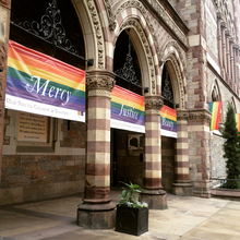 LGBTQ+ banners at the church Mercy, Justice, Beauty - LGBTQ+ banners at Old South Church, Boston, MA, USA.png