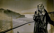 Morrison taking a tour of the Niagara Falls after her victory as Miss USA 1974 Miss USA Karen Morrison at Niagara Falls (cropped).jpg