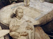 Detail of Charles Alston's Modern Medicine (oil on canvas) in Harlem Hospital, a mural commissioned in 1936 by the WPA. Logan was a medical intern at the hospital then and served as a model for the mural; she appears as a nurse holding a baby. Modern Medicine Alston detail.jpg