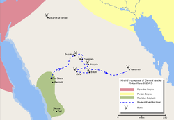 Mapo detaligante la itineron de la konkero de Khalid ibn Walid de Arabio.