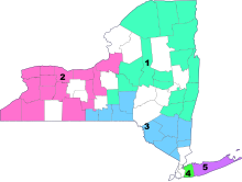 Map of the counties and cities that participate in each of the regional OTB corporations
1. Capital OTB
2. Western OTB
3. Catskill OTB
4. Nassau OTB
5. Suffolk OTB New York off-track betting corporations.svg