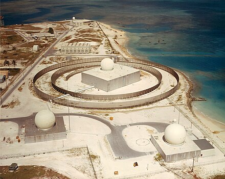 The Nike Zeus target tracking radars used a complex clutter fence to block signals reflecting off nearby buildings and other radars. Nike Zeus tracking radars on Kwajalein in 1960s.jpg