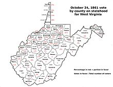 Votes by county in the October 1861 statehood vote October 24, 1861 county vote for West Virginia statehood.jpg