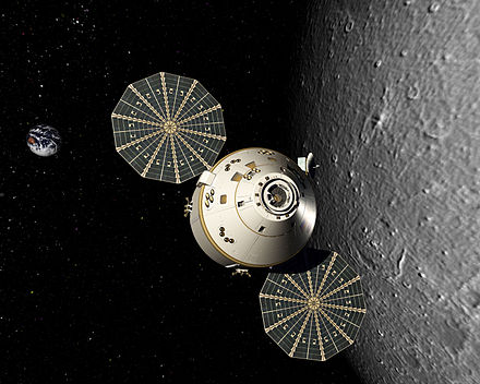 Artist's conception of the Orion Spacecraft in lunar orbit with decagonal solar panels
