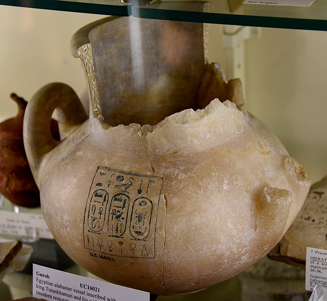 File:Partially restored alabaster jar with 2 handles. It bears the cartouches of pharaoh Tutankhamen and Queen Ankhesenamun. 18th Dynasty. From Gurob, Fayum, Egypt. The Petrie Museum of Egyptian Archaeology, London.jpg