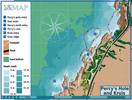 Map of the dive sites Percy's Hole (upper) and Kruis (lower).