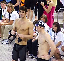 Tarwater (right) talks with Michael Phelps during a Grand Prix meet in 2008 Phelps and Tarwater at Columbus Grand Prix.jpg