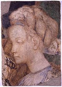 The head of a princess attributed in a cycle of Archbasilica of Saint John Lateran of Pisanello e Gentile, Museo di palazzo Venezia, Rome. Pisanello (attr.), ritratto di donna, affresco staccato, palazzo venezia, roma.jpg