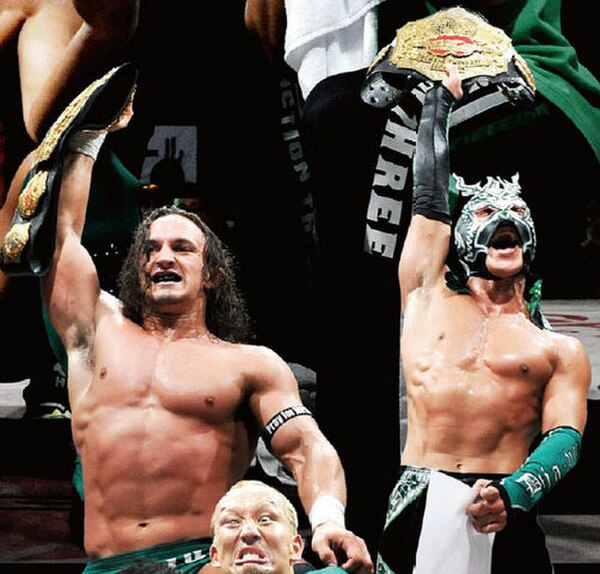 Former champions Junction Three (Dragon Kid and Pac) with the titles in 2011.