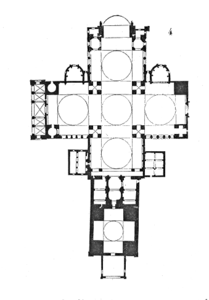 A pilgrimage church. Plan of Saint-Front de Périgueux, a cruciform with five cupolas, modeled after St Mark's Basilica in Venice