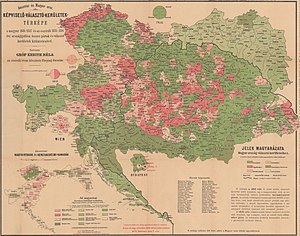 Electoral districts of Austria and Hungary in the 1880s. On the map opposition districts are marked in different shades of red, ruling party districts are in different shades of green, independent districts are in white. Political map of the Ausgleich.jpg