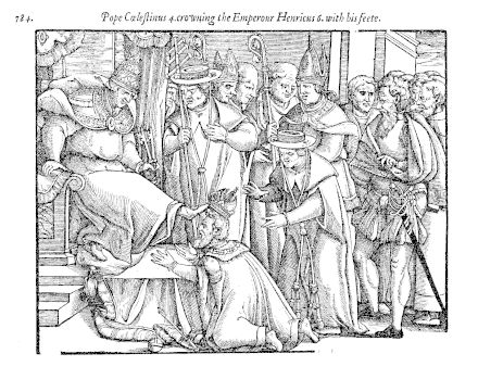 Pope Celestine III crowning Henry VI with his feet. He was only crowned after promising to cede Tusculum.