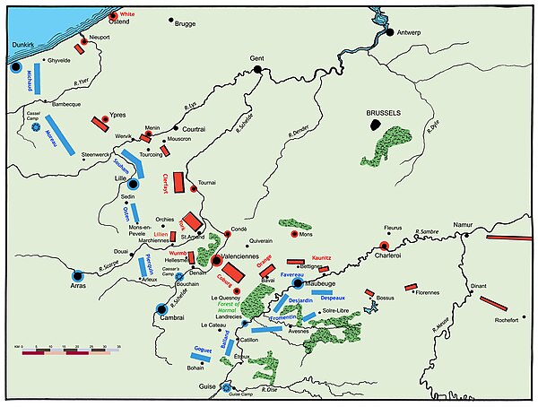 Positions of the armies in early April 1794, at the start of the 1794 campaign First Coalition forces French Republic forces