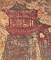 מגדלי צ'וּאֶה (阙) לאורך חומות גַ'אנְגְאַן בימי שושלת טאנג, ציור קיר מהמאה השמינית בקבר הנסיך לִי ג'ונְגְז'וּן במאוזוליאום גַּאנְלִינְג במחוז שאאנשי.